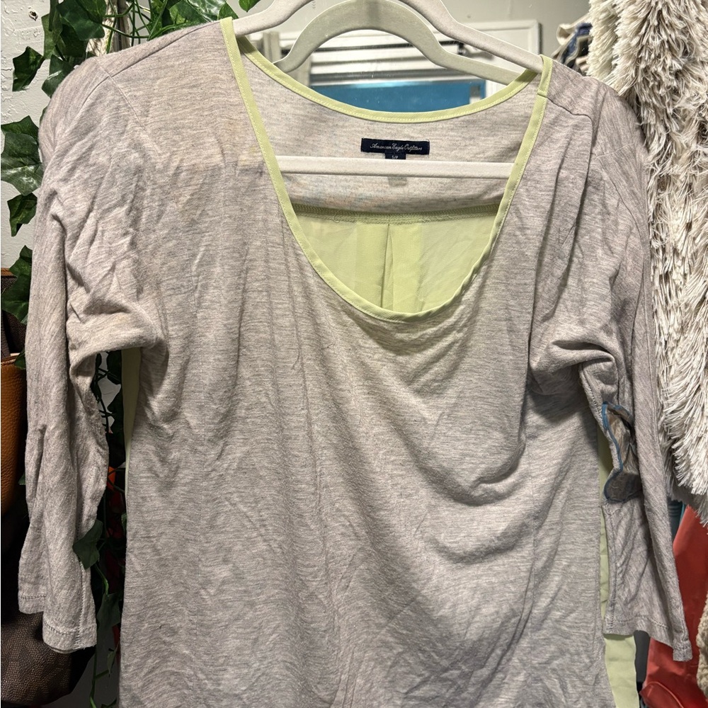 American Eagle Outfitters Beige Blouse with Lime Trim